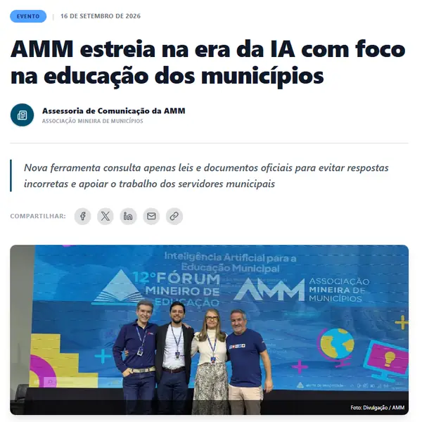Notícia da AMM: a AMM estreia na era da IA com foco na educação dos municípios; a nova ferramenta consulta apenas leis e documentos oficiais para evitar respostas incorretas, setembro de 2026