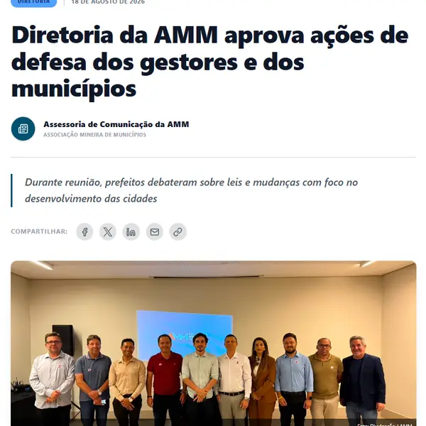 Notícia da AMM: diretoria aprova ações de defesa dos gestores e dos municípios, agosto de 2026