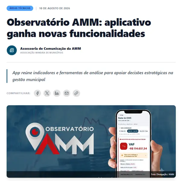 Notícia da AMM: aplicativo do Observatório AMM ganha novas funcionalidades de análise para a gestão municipal, agosto de 2026