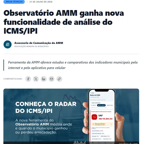 Notícia da AMM: Observatório AMM ganha o Radar do ICMS/IPI, que mostra onde e quando o município ganhou ou perdeu arrecadação, julho de 2026