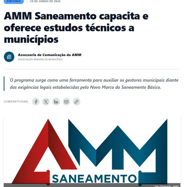 Notícia da AMM: programa AMM Saneamento capacita e oferece estudos técnicos a municípios, junho de 2026