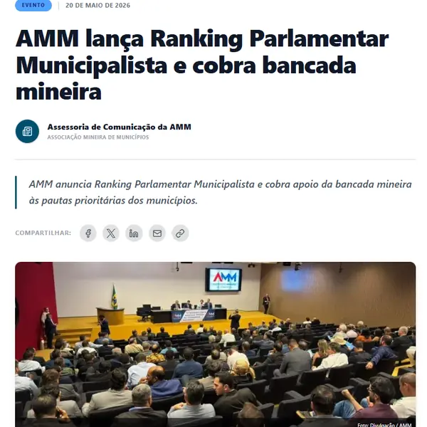 Notícia da AMM: lançamento do Ranking Parlamentar Municipalista, maio de 2026