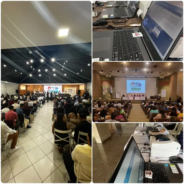 Bastidores do evento: plateia, mesa de abertura e estação de credenciamento